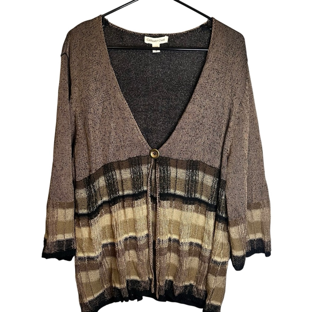 Coldwater Creek Knit One-Button Black Tan‎ Cardigan Earthy Boho Artsy XL 18